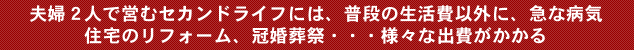 年金対策・不動産投資・資産運用のエスティア 夫婦2人で安定した老後生活を送るには、普段の生活費以外に、急な病気住宅のリフォーム、冠婚葬祭・・・様々な出費がかかる