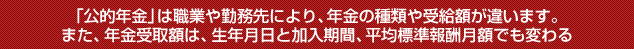 年金対策・不動産投資・資産運用のエスティア 「公的年金」は職業や勤務先により、年金の種類や受給額が違います。また、年金受取額は、生年月日と加入期間、平均標準報酬月額でも変わる